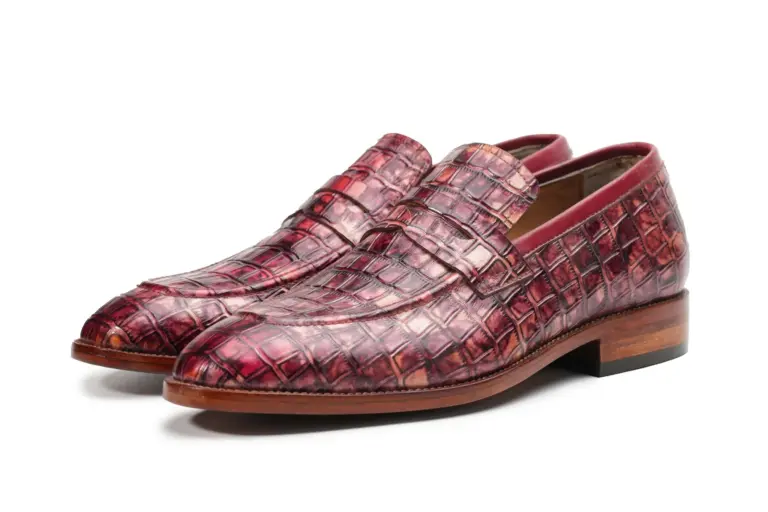 Burgundy exotic tiger-print penny loafers for men
