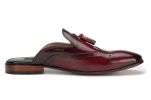 Burgundy Brogue Tassel Mule — hand-dyed leather detail