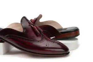 Burgundy Brogue Tassel Mule — three-quarter view