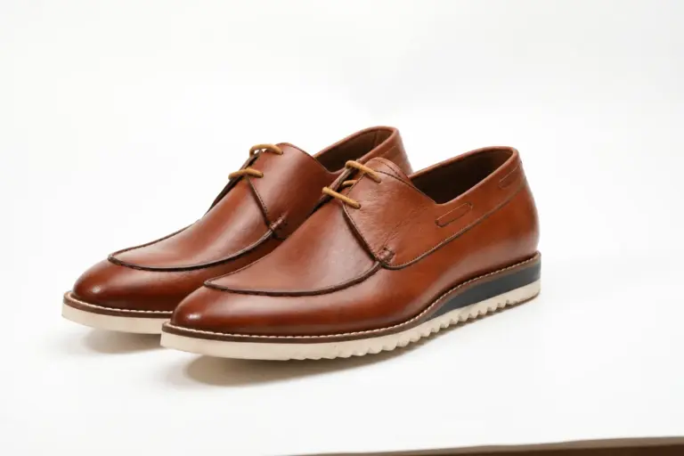 Pair of cognac brown apron-toe casual Derby shoes with cream ridged soles