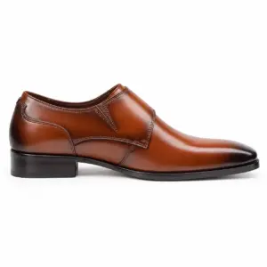 Cognac burnished single monk strap dress shoe for men, opposite side view
