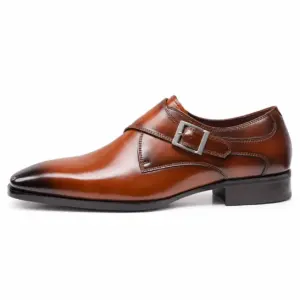 Cognac burnished single monk strap dress shoe for men, side view