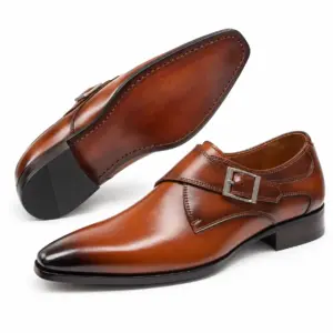 Cognac burnished single monk strap dress shoe for men, leather sole view