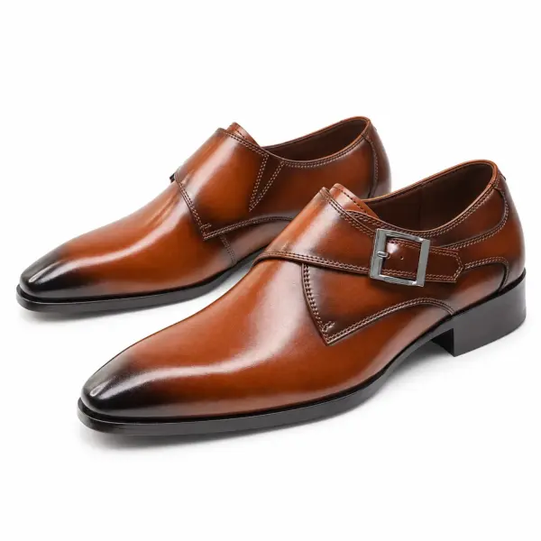 Cognac burnished single monk strap dress shoes for men, pair view
