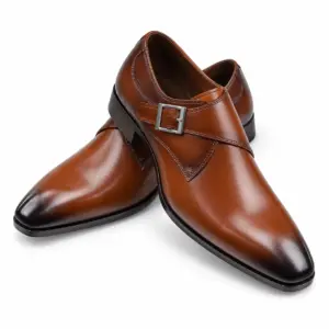 Cognac burnished single monk strap dress shoes for men, three-quarter view