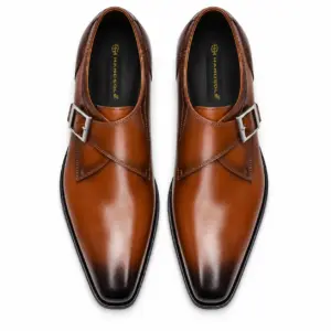 Cognac burnished single monk strap dress shoes for men, top view