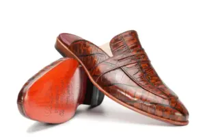 Cognac Croc-Embossed Penny Mule — leather outsole