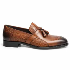Cognac croc-embossed tassel loafer for men, opposite side view