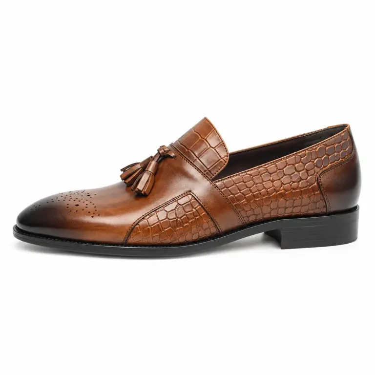 Cognac croc-embossed tassel loafer for men, side view