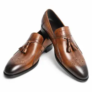 Cognac croc-embossed tassel loafers for men, three-quarter view