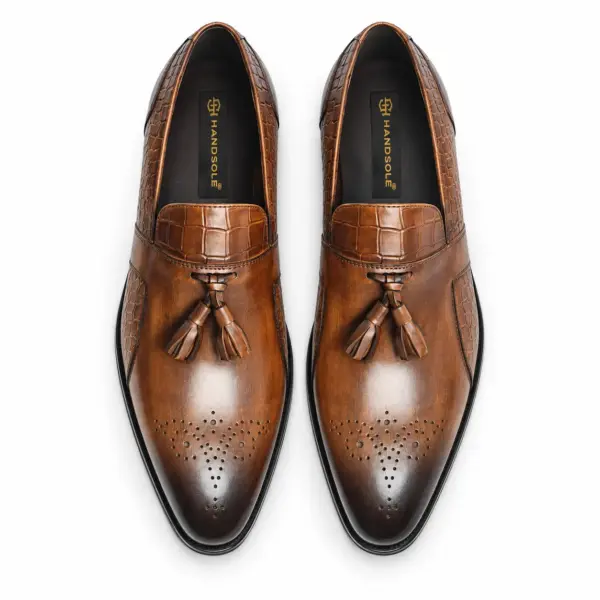 Cognac croc-embossed tassel loafers for men, top view