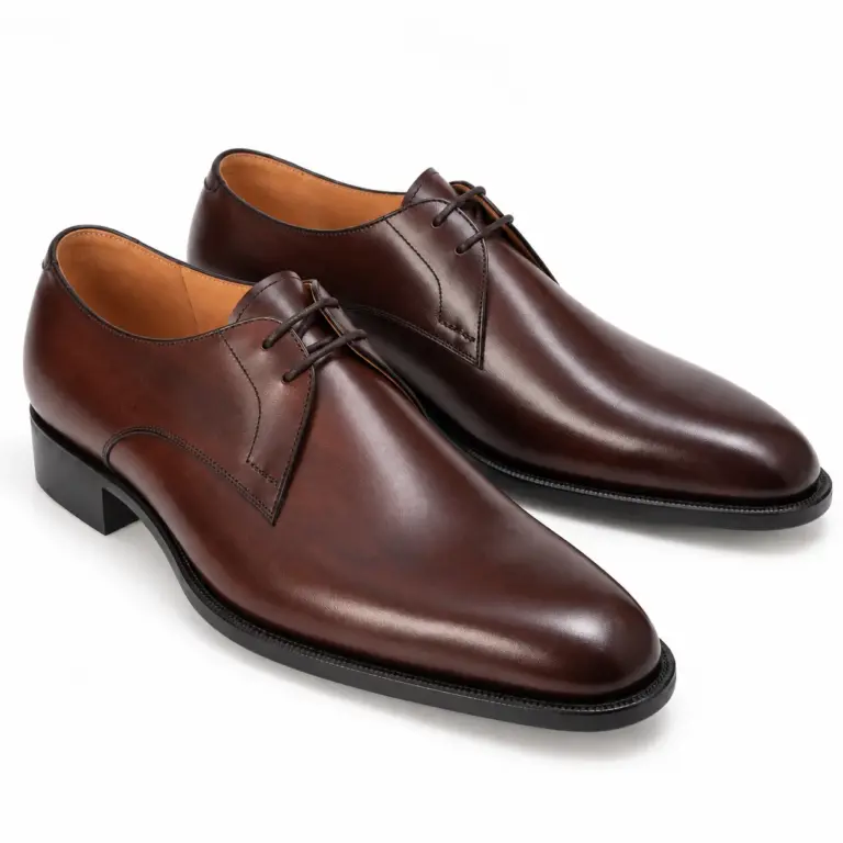 Dark brown smooth leather plain toe Derby shoes for men, pair view