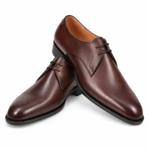 Dark brown smooth leather plain toe Derby shoes for men, three-quarter view