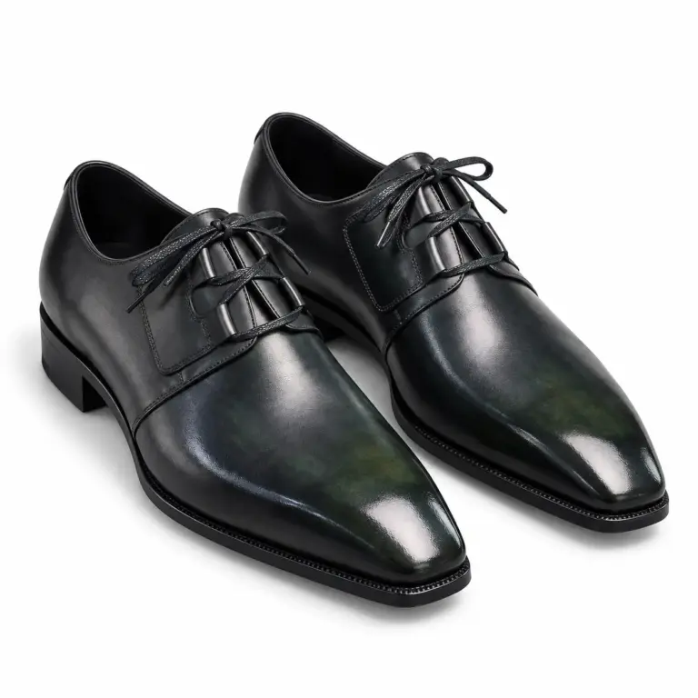 Deep green patina plain toe Derby shoes for men, pair view