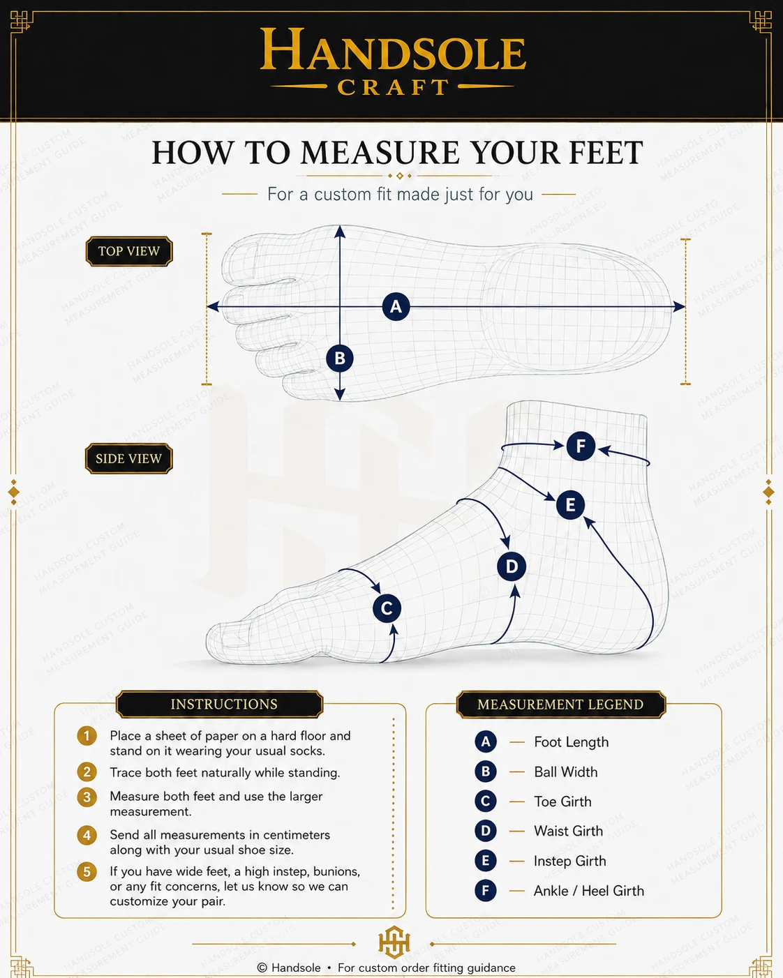 Handsole foot measurement guide showing foot length, ball width, toe girth, waist girth, instep girth and ankle/heel girth