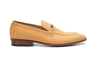 Men's tan nubuck horsebit loafer side view