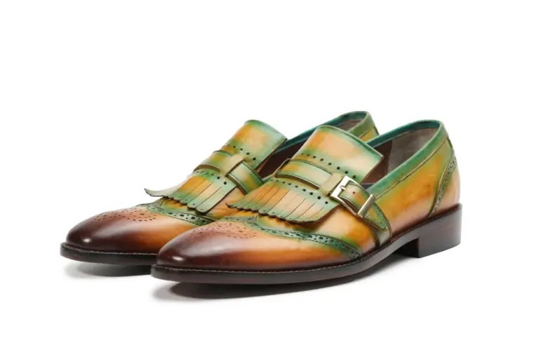 Mustard green kiltie monk strap loafers for men