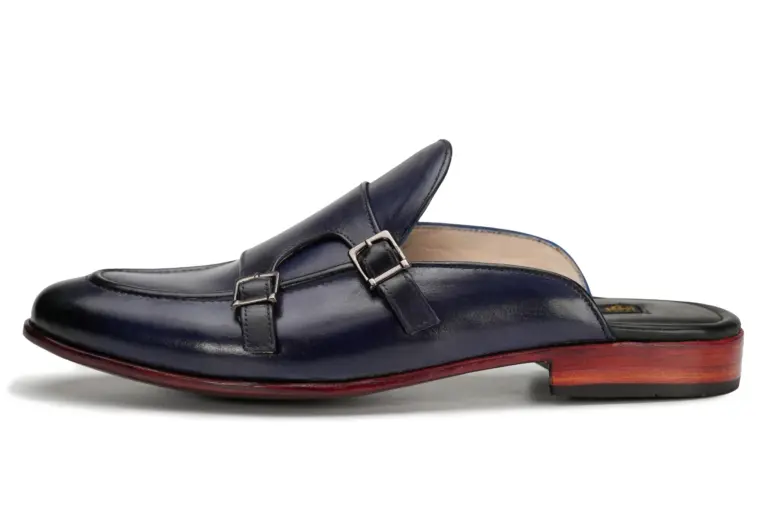 Navy Blue Double Monk Strap Mule — pair view