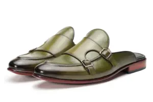 Olive Green Double Monk Mule — three-quarter view