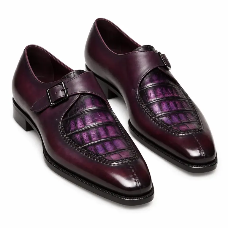 Plum croc-embossed single monk strap shoes for men, pair view