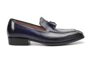 Side profile of deep purple-black patina tassel loafer