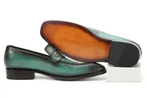 Teal Black Patina Penny Loafer — penny loafers detail