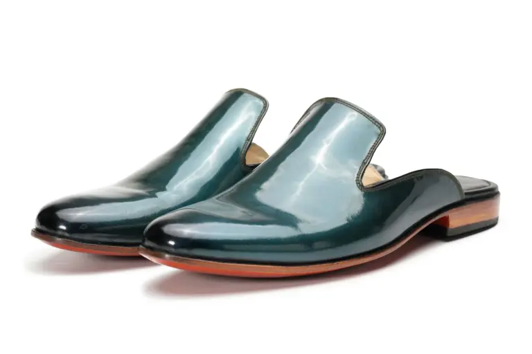 Teal Patent Leather Plain Mule — three-quarter view