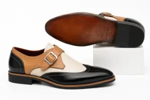 Tri-Color Leather Spectator Monk Strap Dress Shoe — monk strap shoes detail