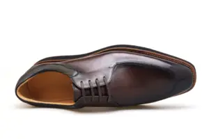 Overhead view of a men's brown hand-painted apron-toe Derby shoe with padded collar