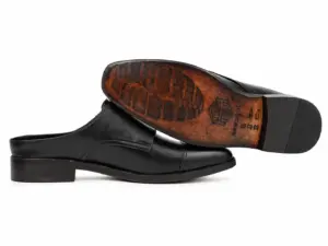 Black raised-back double monk mule side profile with brown patterned leather outsole