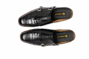 Overhead view of black double monk mules showing square toes and low rear rims