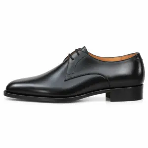 Men's black plain toe Derby shoes in full-grain aniline leather, side view showing the leather sole and stacked heel