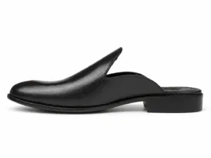 Side profile of a black fine-texture plain mule with an almond toe and open heel