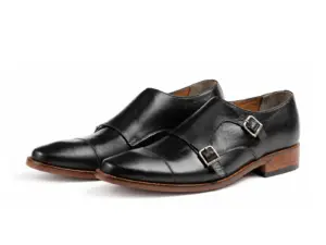 Pair of black leather cap-toe double monk strap dress shoes