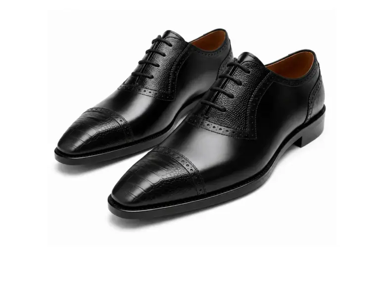 Black leather quarter-brogue cap toe Oxford shoes for men, three-quarter view