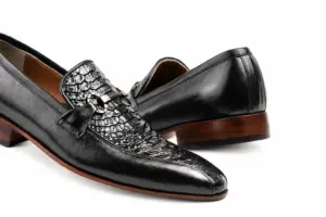 Black Reptile-Panel Horsebit Loafer: horsebit detail showing Dark silver-tone horsebit ornament and Smooth & Reptile-Pattern Black Leather.