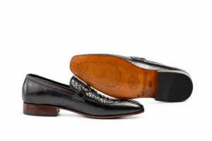 Black Reptile-Panel Horsebit Loafer: leather sole profile showing the brown outsole and dark heel.