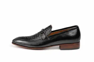 Black Reptile-Panel Horsebit Loafer: opposite profile showing Smooth & Reptile-Pattern Black Leather and refined almond forepart.