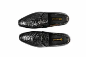 Black Reptile-Panel Horsebit Loafer: overhead pair showing the toe shape, instep opening and branded footbed.