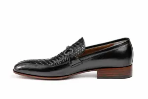 Black Reptile-Panel Horsebit Loafer: side profile showing Smooth & Reptile-Pattern Black Leather and refined almond forepart.