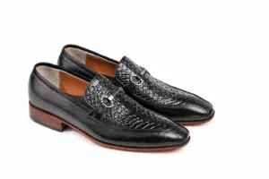 Black Reptile-Panel Horsebit Loafer: three quarter pair showing Smooth & Reptile-Pattern Black Leather and refined almond forepart.