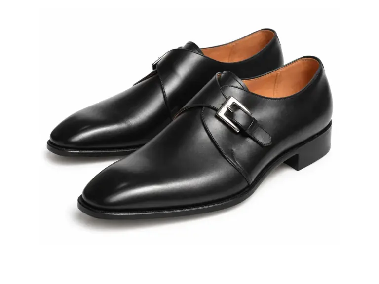 Black leather single monk strap dress shoes for men, pair view