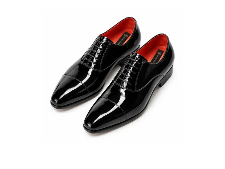 Black patent leather cap toe Oxford shoes for men, pair view