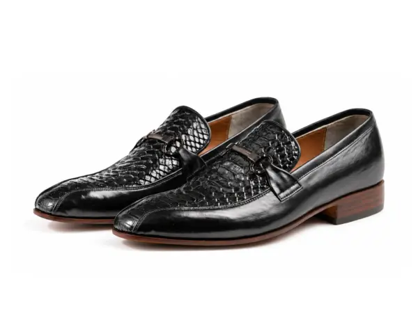 Black Reptile-Panel Horsebit Loafer: pair showing Smooth & Reptile-Pattern Black Leather and refined almond forepart.