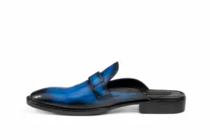 Blue-Black Striped Patina Penny Mule: opposite profile showing Blue-Black Striped Patina and refined almond forepart with open heel.