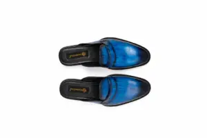 Blue-Black Striped Patina Penny Mule: overhead pair showing the toe shape, instep opening and branded footbed.
