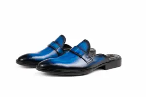 Blue-Black Striped Patina Penny Mule: pair showing Blue-Black Striped Patina and refined almond forepart with open heel.