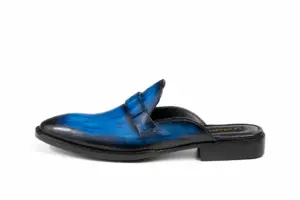 Blue-Black Striped Patina Penny Mule: side profile showing Blue-Black Striped Patina and refined almond forepart with open heel.