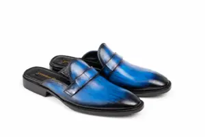 Blue-Black Striped Patina Penny Mule: three quarter pair showing Blue-Black Striped Patina and refined almond forepart with open heel.