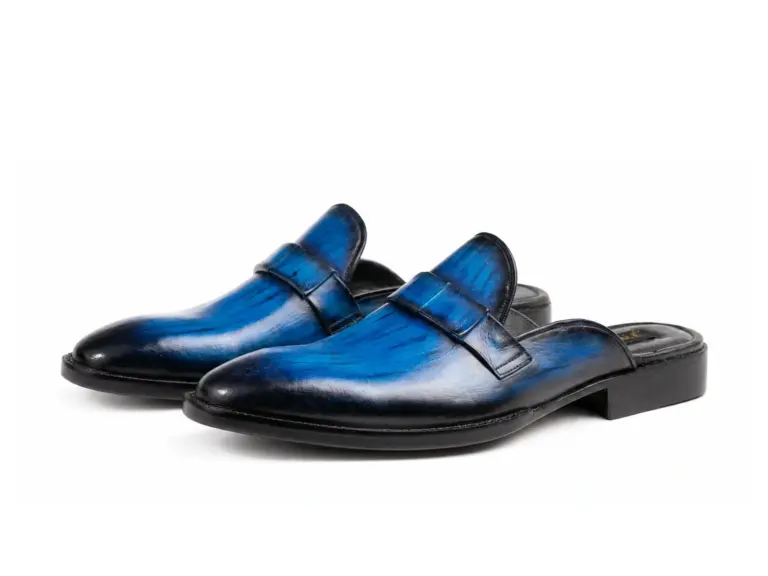 Blue-Black Striped Patina Penny Mule: pair showing Blue-Black Striped Patina and refined almond forepart with open heel.